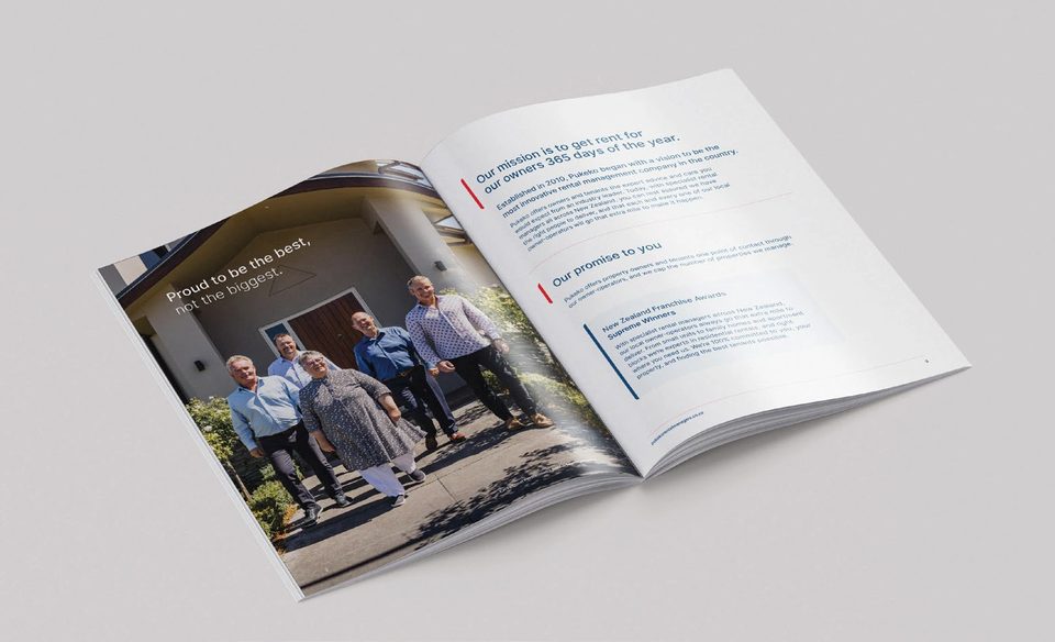 The Pukeko Rental Managers brochure lying open at the page headed Our mission is to get rent for our owners 365 days of the year.