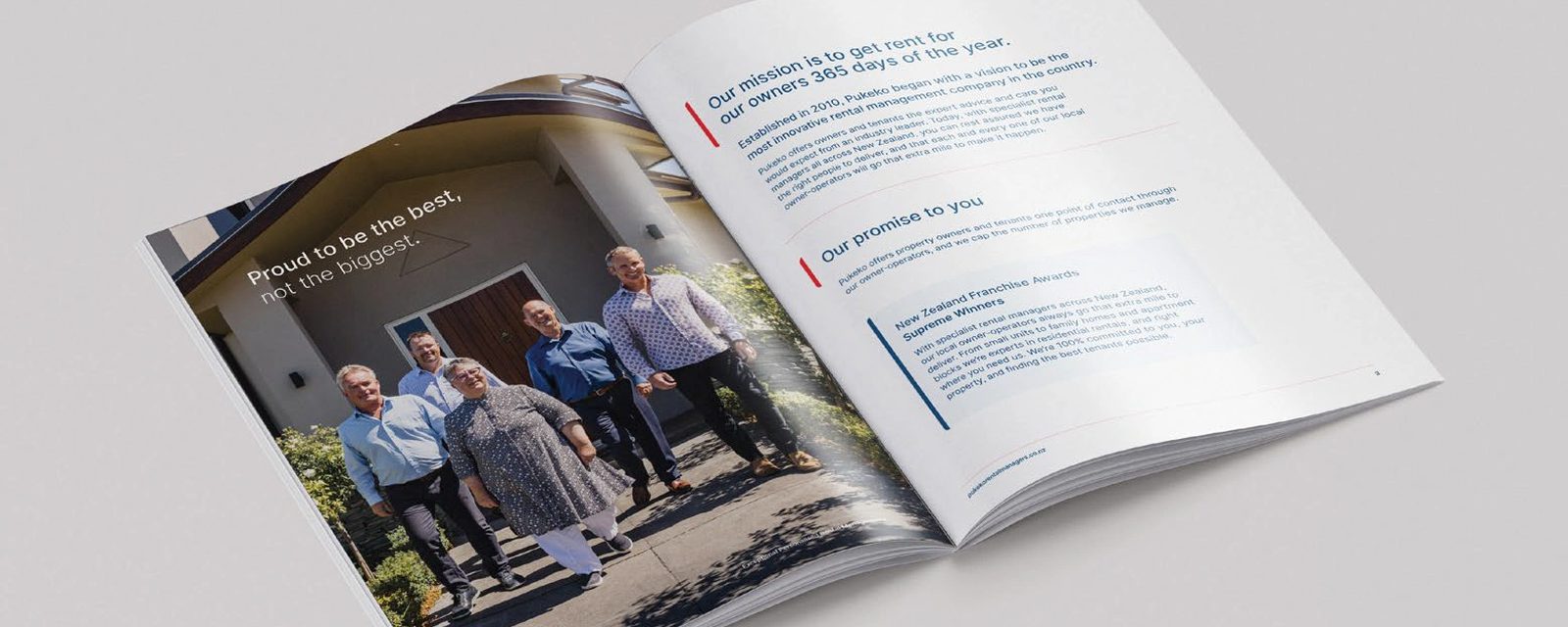 The Pukeko Rental Managers brochure lying open at the page headed Our mission is to get rent for our owners 365 days of the year.